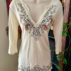 Lucky Brand Boho Hippie Cream Floral Tunic Top Small
